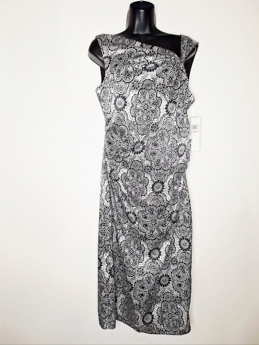 NWT Maggy London"The Structured Sheath"Sateen Platinum &Black One shoulder Dress